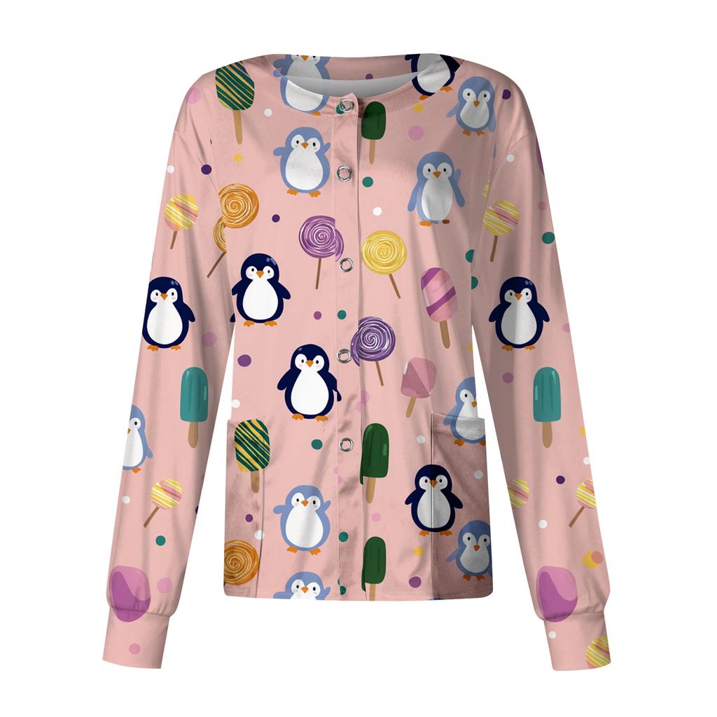 Women's Print Scrub Top - Long Sleeve Single Button Casual Uniform Top for Nurses, Caregivers, and