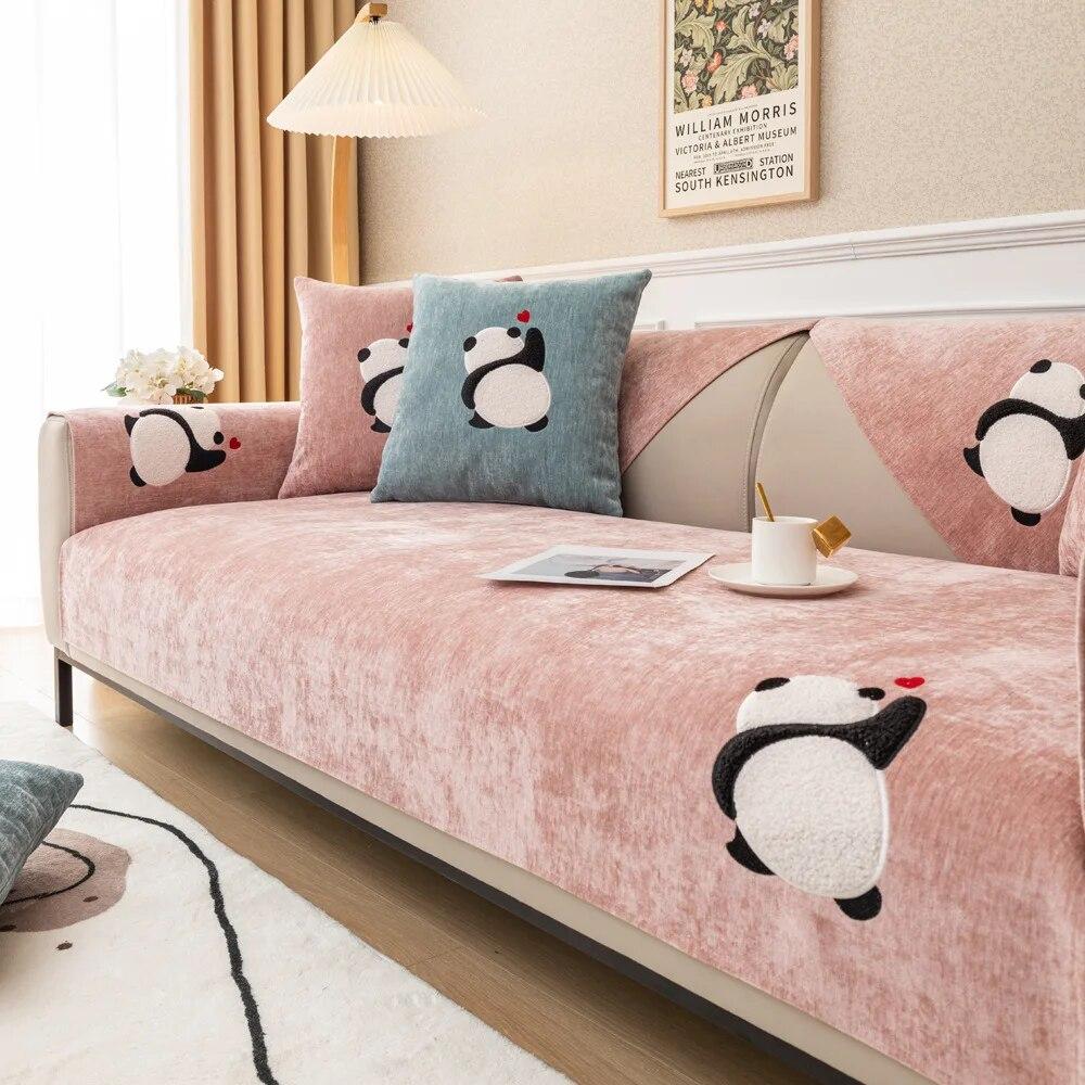 Luxury Sofa Cover Cushion Cartoon Panda L Shape Leather Couch Cover Four Seasons Universal Non-slip Back Towel for Living Room