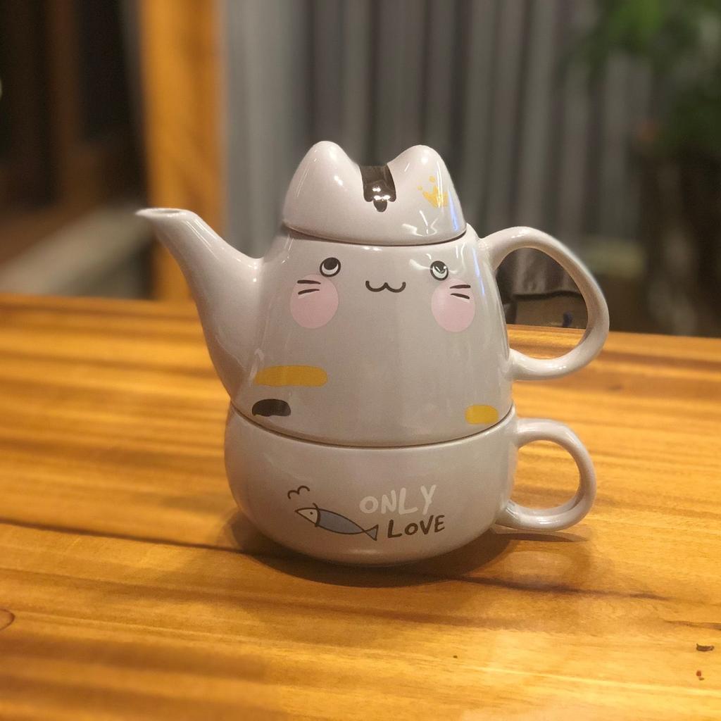 400ml Fat Cat Keramický hrnec Matka a dítě Kávový čajový set Konvice Japonská kreslená konvice na čaj 1 hrnec 1 šálek