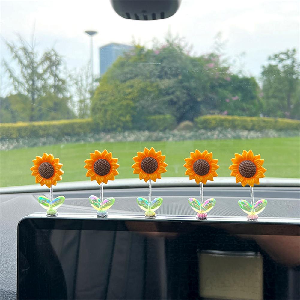 5pcs Sunflower Car Ornament,Mini Shaking Head Flower For Car Dashboard Decor,Unique Flower Themed Decorative Ornaments