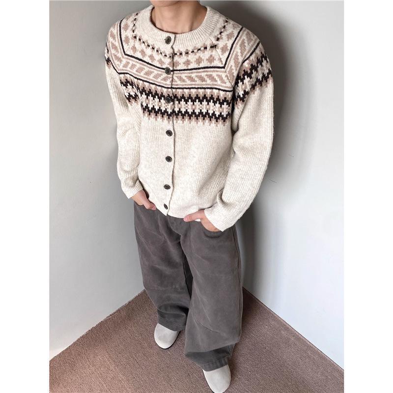 Unisex Retro Fair Isle Knit Cardigan Sweater – Loose Fit Casual Outerwear