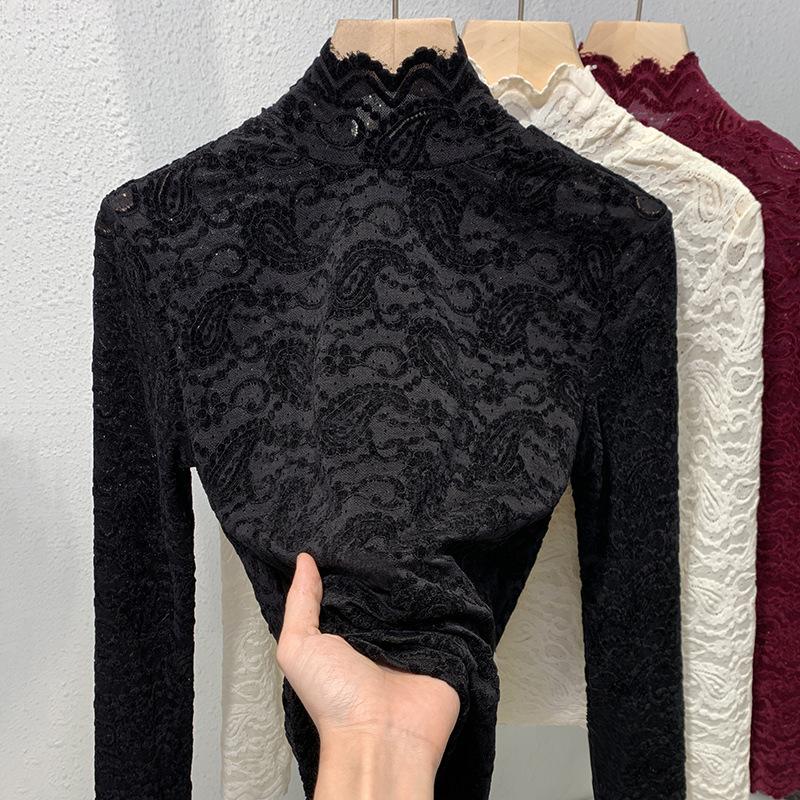 Half High Collar Lace Base Shirt High End Sense Inner Wear Autumn Winter New Style Women Clothing Slim Fit Temperament Mesh Top