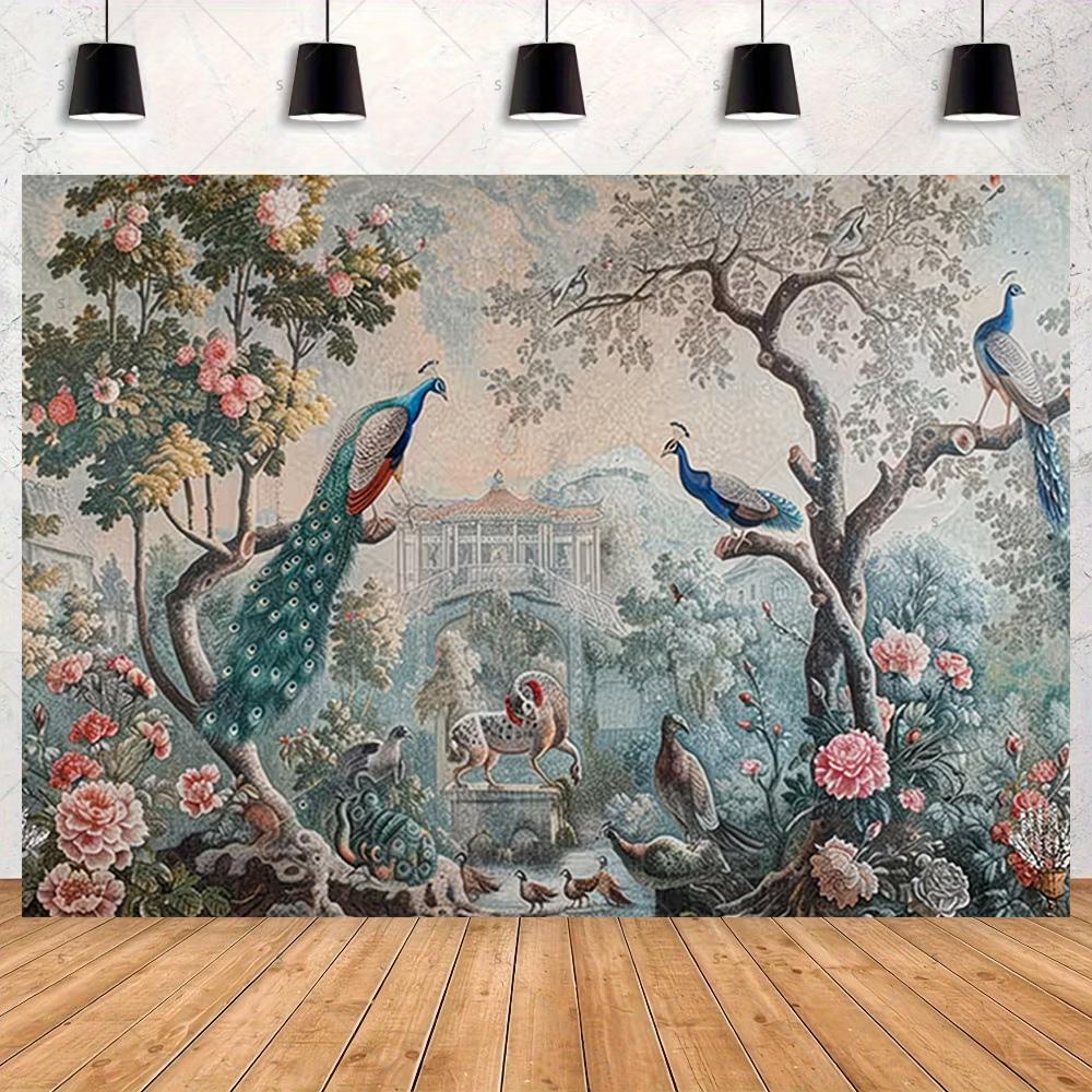 Peacock Theme Background Happy Birthday Flower Castle Waterfall Party Decor Backdrop Photography Studio Supplies Props Banner
