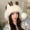 Thick Velvet Lei Feng Hat for Women In Autumn and Winter Cute Deer Antler Fur Ball Warm Ear Protection Hat Outdoor Cold Proof Plush Hat
