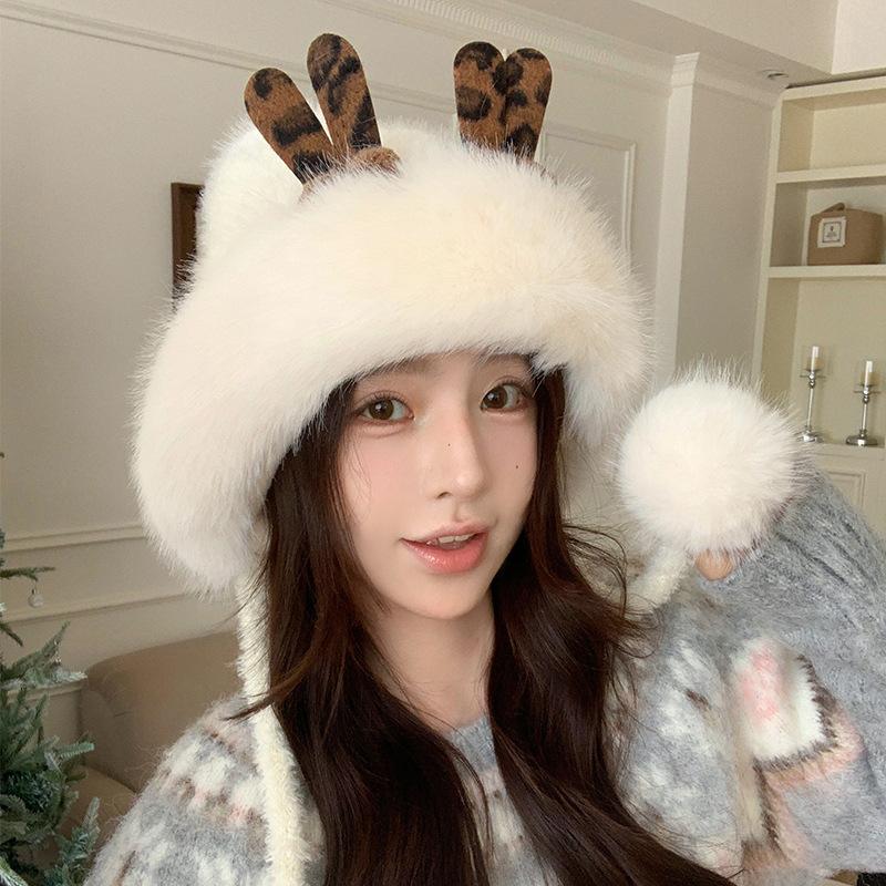 Thick Velvet Lei Feng Hat for Women In Autumn and Winter Cute Deer Antler Fur Ball Warm Ear Protection Hat Outdoor Cold Proof Plush Hat