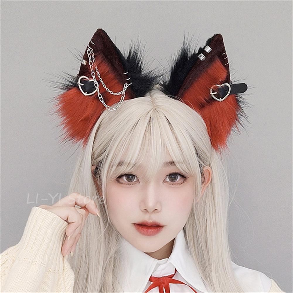3 Farben Punk Katzenohren Metall Herz Pu-Riemen Tier Bestie Ohren Haarreifen Jk Lolita Cosplay Kopfschmuck Wolf Fuchs Stirnband