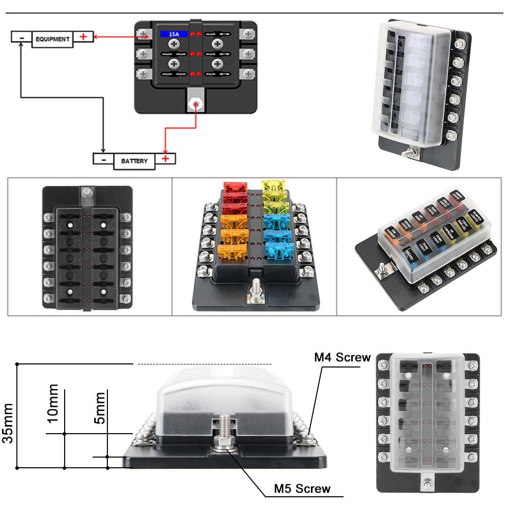 32V 100A 6 Ways 12 Ways Blade Fuse Block Fuse Box Holder For Auto Car Boat Marine Plastic Cover M5 Stud With LED Indicator Light Fuses4