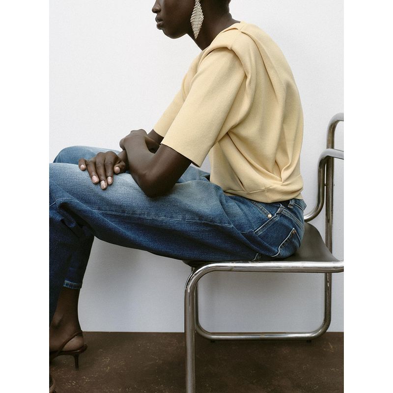 Za2025 Autumn New Women clothes Versitile Fashion Shoulder Pad round Neck Short sleeve Knitted Top 3920107 800