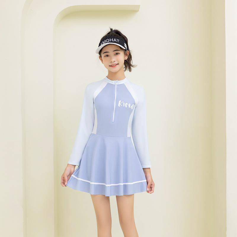 Girls' Long Sleeve One-Piece Skirt Swimsuit for Beach & Hot Springs
