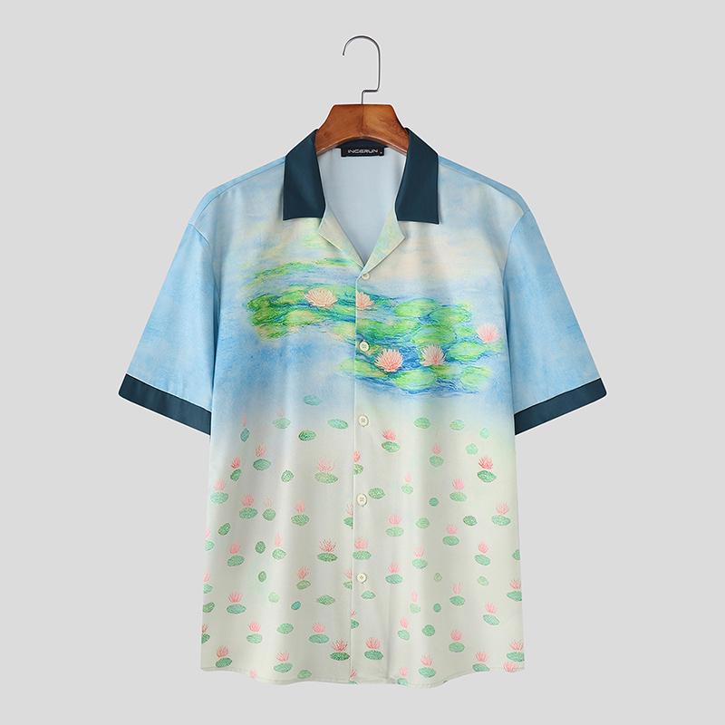 

INCERUN Oversized Men Casual Loose Short Sleeve Floral Print Shirts Tops 4XL синий