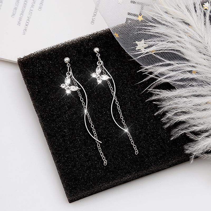 925 Silver Crystal Butterfly Chain Tassel Earrings