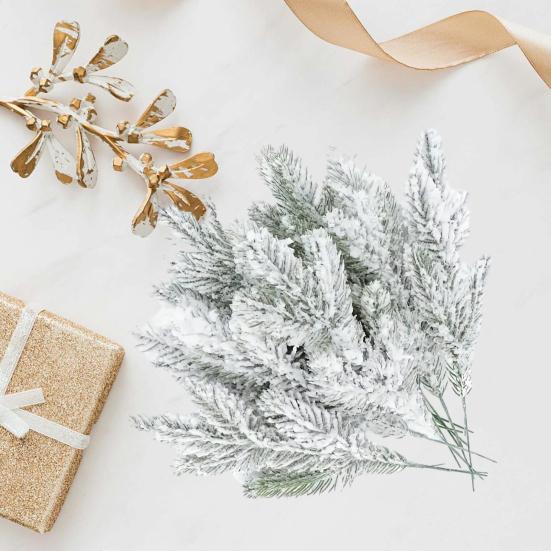 10/20/30Pcs Artificial Snowy Pine Branch 5 Fork Faux Greenery Stem Fake Plants Pick Xmas Holiday Wedding Party Home Decoration