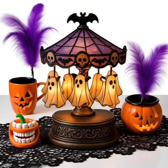 Duchový kolotočové světlo Vitrážový kolotoč Noční světlo s plovoucím duchem Halloweenská stolní lampa na čtení do ložnice krbová římsa stolní dekorace