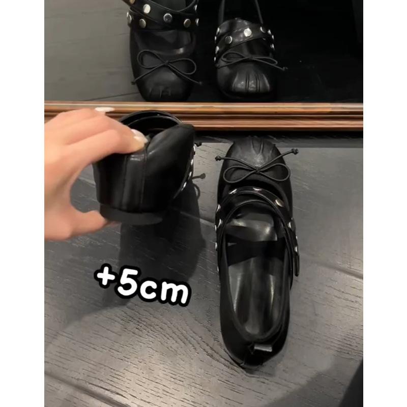 Sheepskin~ Genuine leather French bow flat bottom inner height increase 5cm shallow mouth single shoes women's rivets cross belt Mary Jane shoes