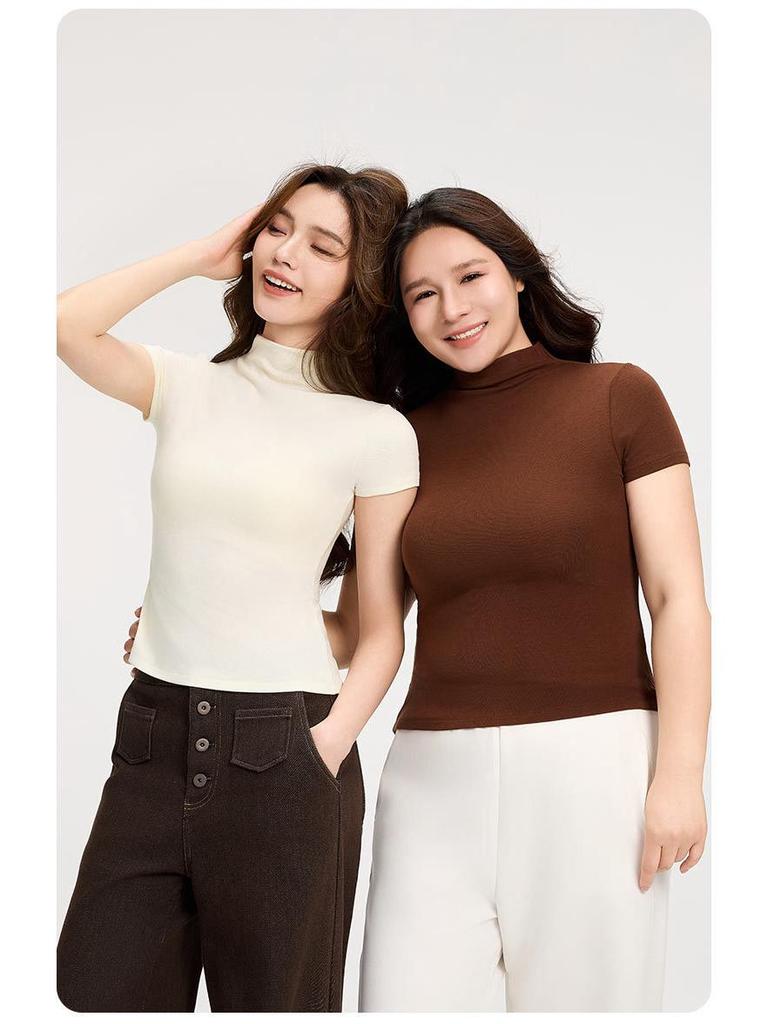 Damen High-Neck Kurzarm Schlankmachendes T-Shirt - Unifarbenes Überziehshirt