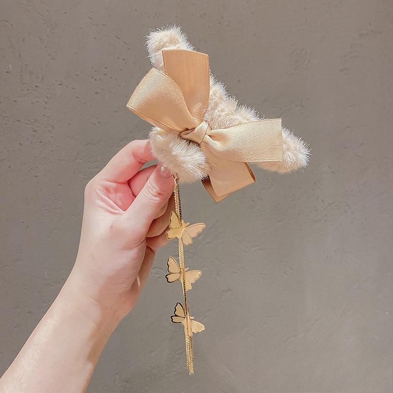 Plush Bow Tassel Grab Clip Furry Hairpin Female Back Head Hair Clip Shark Clip Autumn and Winter Hairpin Headdress