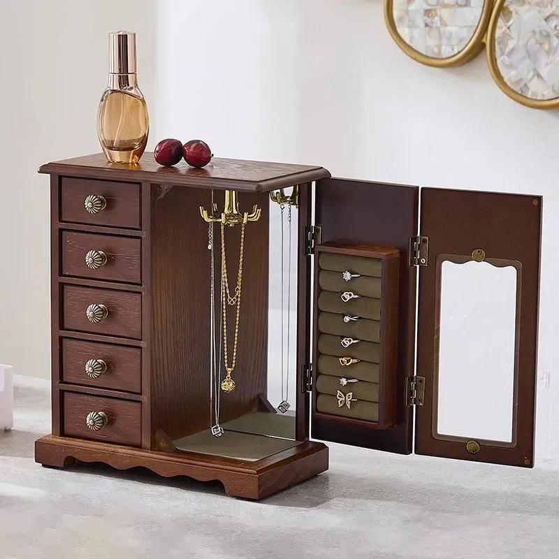 Wood Jewelry Box Velvet Drawer Ring Necklace Earrings Jewelry Boxes Organizer Bracelet Display Stand Women Accessories Storage