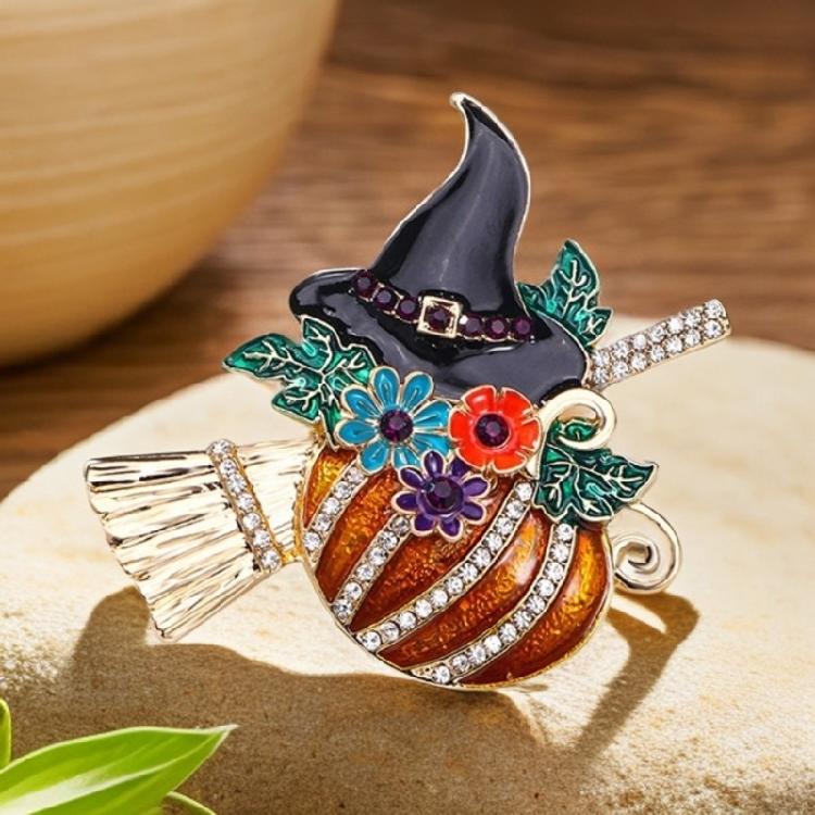 Halloween Themed Witch Pumpkin Broomstick Brooch Trendy Alloy Pin For Festive Outfit And Celebration Event