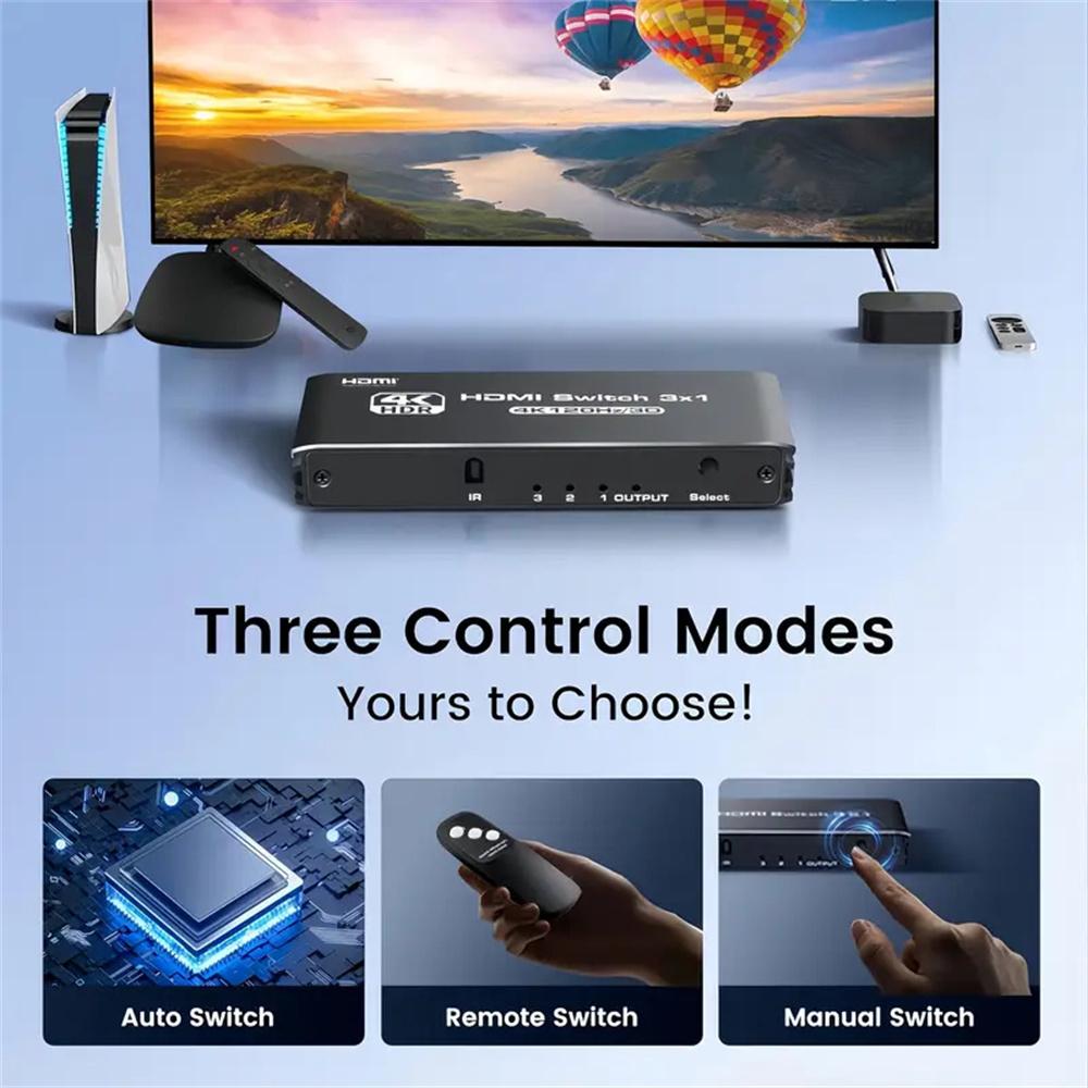 4K 120Hz HDMI 2.0 3x1 Switcher with IR Remote Control for TV/DVD/Game Console