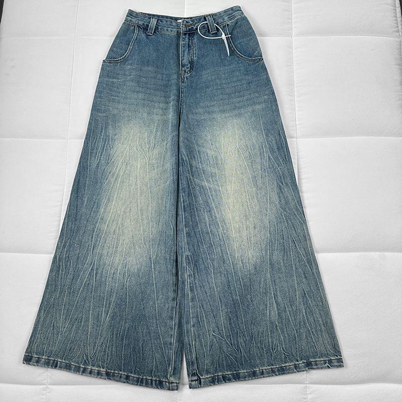 

Zhongshan Factory Goods Decorative Flower Washing Craft Chao Praise! Retro High Street Large Wide Leg Bullet-free High Waist Jeans Light Blue M