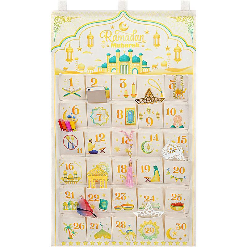 Ramadan Decor Canvas Countdown 30 Day Advent Calendar Bag For Muslim Islamic Kid Boy Girl Ramadan Decor Hanging Organizer