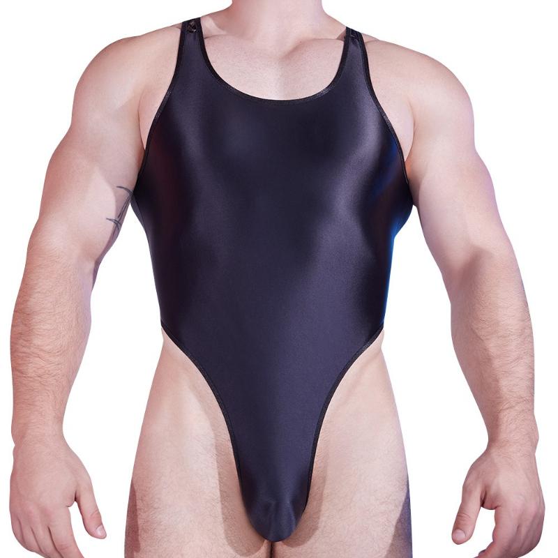 Men'S Jumpsuit Open Back Lace Oil Shiny Glossy Bodysuit Silky High Elastic Sexy Hollow High Elastic Wrestling Fitness Bodysuits
