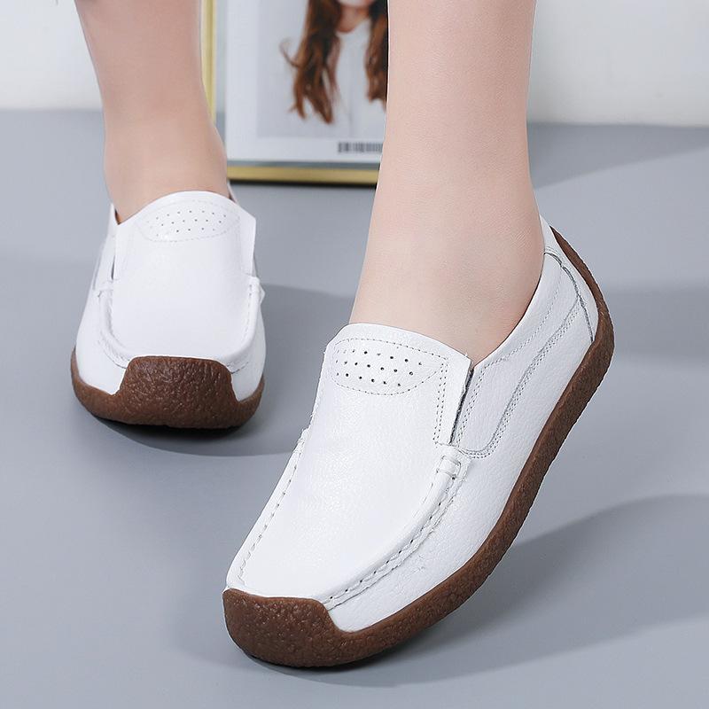 Spring and Autumn Single Shoes Women's Flat-bottomed Flat-heeled Cowhide Hollow Snail Shoes Large Size Women's Shoes Casual Mother Shoes