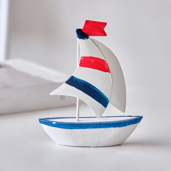 Sailboat Ornament, Wooden Iron Desktop Figure, Small Nautical Tabletop Decoration, Blue White Striped Lifebuoy Starfish Marine Style Ornament