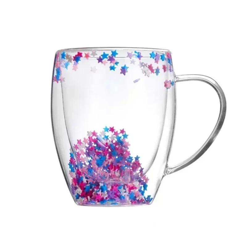 350ml Double Wall Glass Coffee Mug with Handles Clear Milk Cups Gifts Glass Cup Fill Artificial Simulation Flowers Teacup Gift