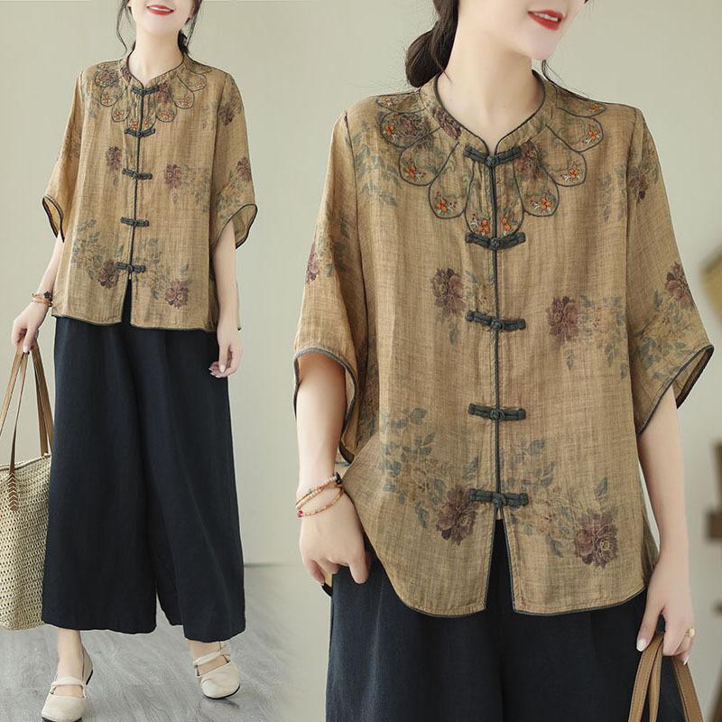 Women Summer Casual Shirt Chinese Style Vintage Florl Embroidery Loose Shirts