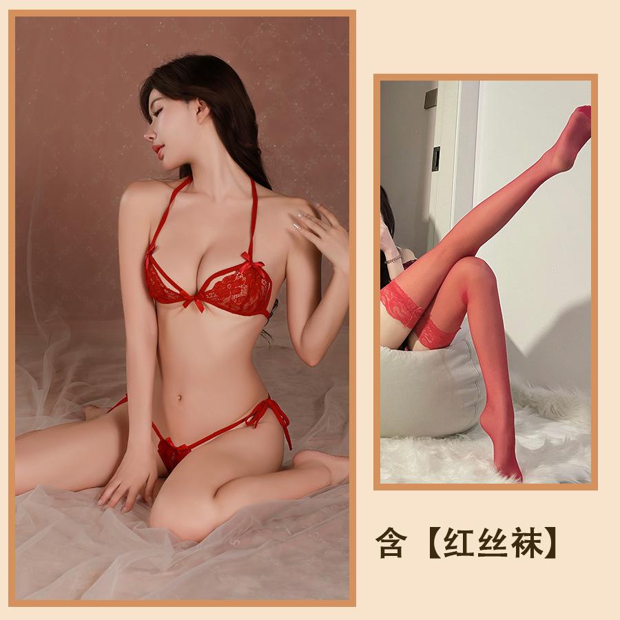 Sex Underwear Three-point Thin Gathering Breathable Lace Sexy Suspender Thin Bow Strap Bra Women