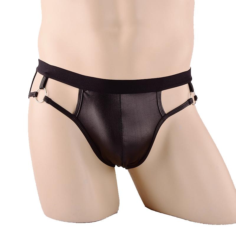Buttocks Briefs Men Sexy Underwear Man Jockstrap Bulge Pouch PU Faux Leather Anal Underpants Jock Strap Metal Ring Black