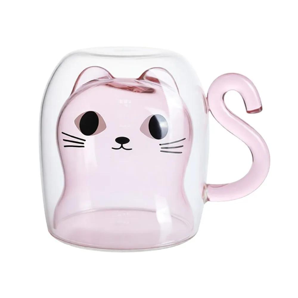 250-300ml Cat Mugs Double Glass Cup Large Capacity Portable Bear Cartoon Coffee Cup Tea Cups with Handle Glass Water Milk Mug