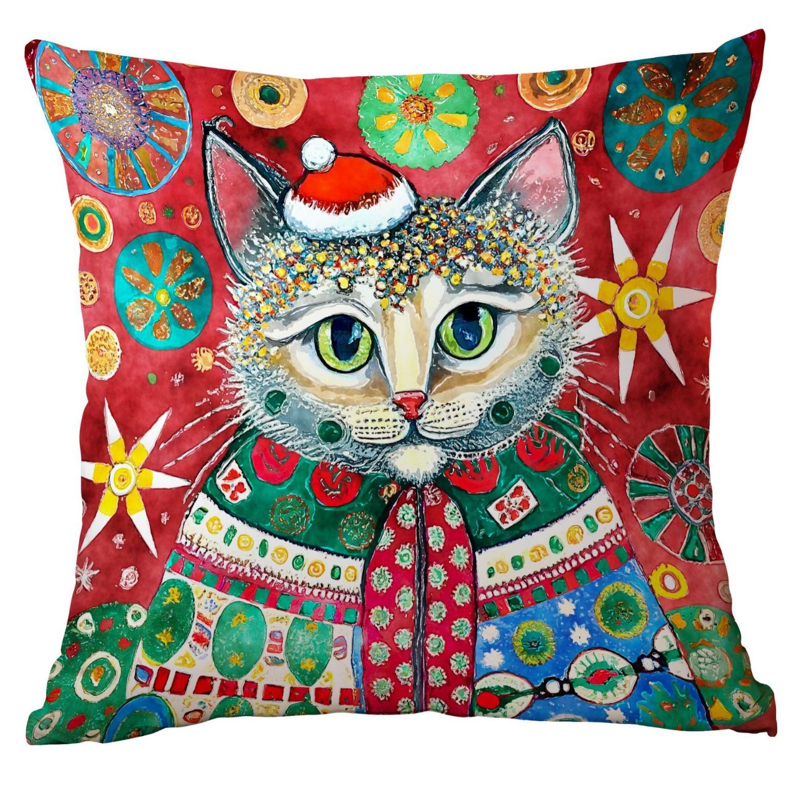 

New Cartoon Christmas Pillow Cover Christmas Watercolor Cat Creative Watercolor Holiday Home Pillow Pillow Cover 45 * 45Cm