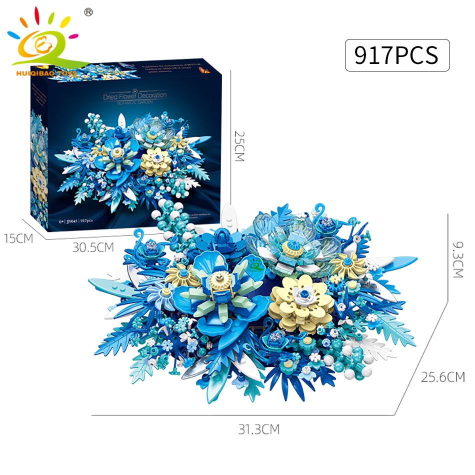 Non-Toxic 917Pcs Moc Blue Flower Model Building Blocks 3D Flores Bouquet Potted Plants Bricks Kits Children Diy Toy Home Decor
