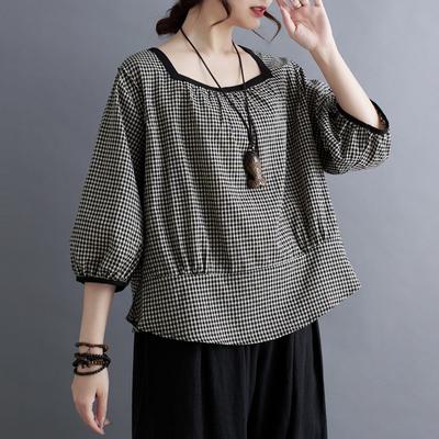 Summer Casual Square Collar Shirts Women Simple Plaid Loose Irregular All Match Female Blouses