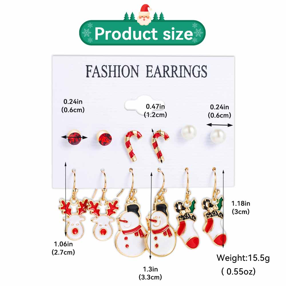 6 Pairs Fashionable Cartoon Sweet Christmas Series Earrings Santa Claus Christmas Socks Drip Oil Pattern Earrings Accessories