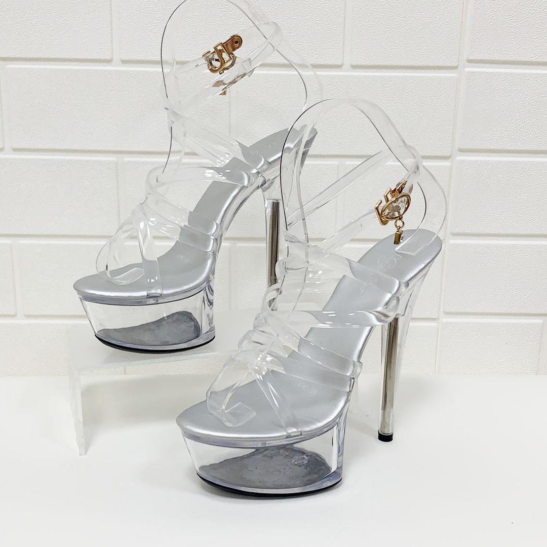 

Sexy super high heels 15CM stiletto waterproof platform sandals transparent crystal shoes wedding shoes banquet 34 серебряный