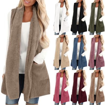 Damenmode, einfarbig, lässiger Mantel, Plüschweste, Oberteil mit Taschen