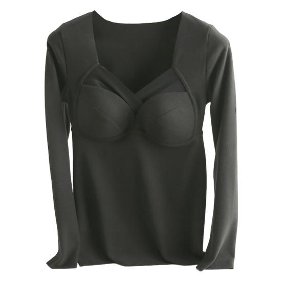 Women Bottoming Tops V-Neck Chest Padded Long Sleeve Thermal Tops Elastic DE Velvet