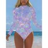 Maiô Feminino de Manga Longa Peça Única com Zíper Frontal Estampa Composta Texturizada Rash Guard Roupa de Banho para Surfe
