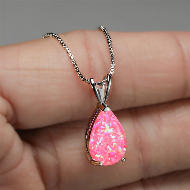 Boho Female Small Blue Green Opal Water Drop Pendant Necklace Silver Color Wedding  For Women