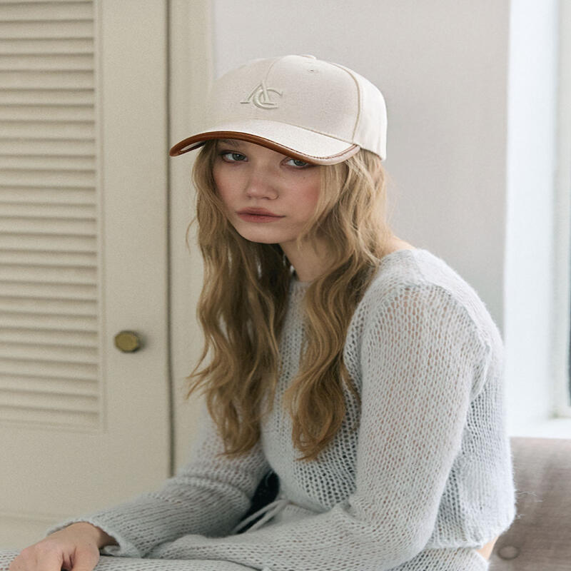 Women s Brown Leather Canvas Logo Ball Cap Baseball Cap C020 Beige brown leather trim