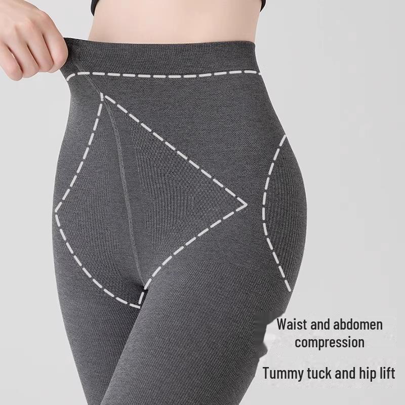 "Oatmeal Striped Velvet-Lined Leggings for Women - Warm, Slimming Cotton Pantyhose for Autumn & Winter"