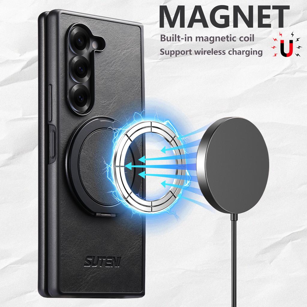 SUTENI G3 For Samsung Galaxy Z Fold7 5G Case Compatible with MagSafe Waxy Texture Rotating Kickstand Leather Phone Back Cover