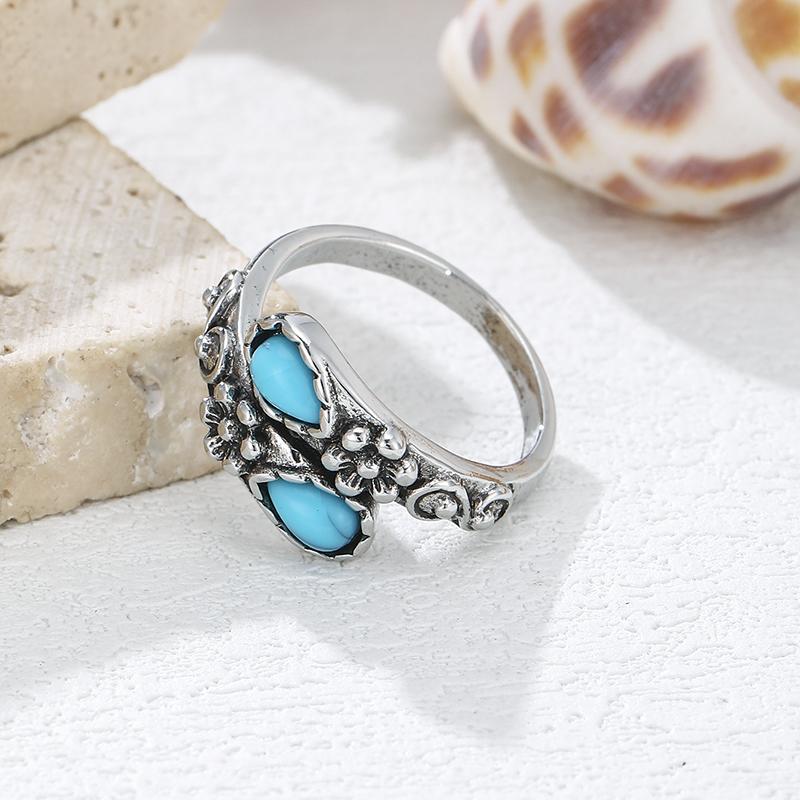 Vintage Imitation Turquoise Flower Open Ring Copper Color Adjustable Wrap Ring Bohemian Ethnic Jewelry For Women Daily Wear
