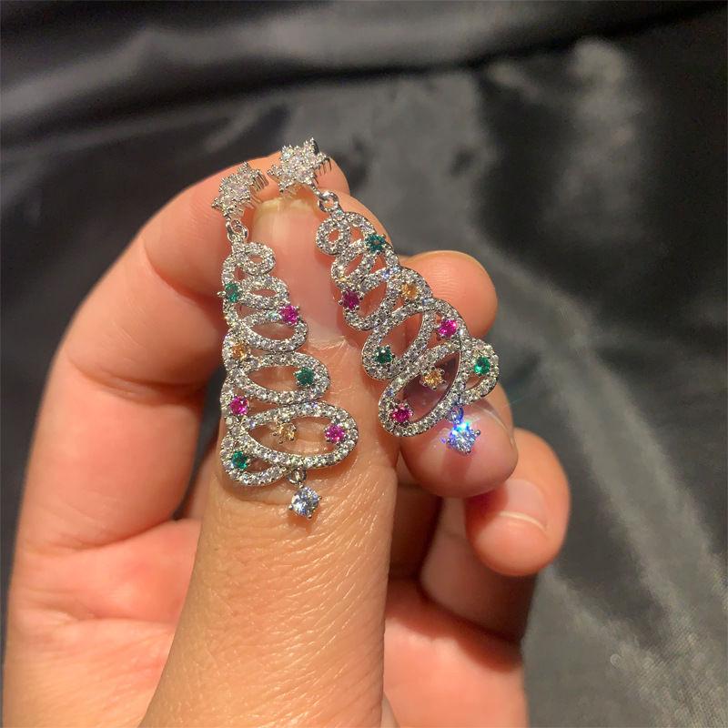 Christmas Tree Earrings For Women Rhinestone Zircon Xmas Tree Drop Aesthetic Geometric Tassel Christmas New Year Earrings