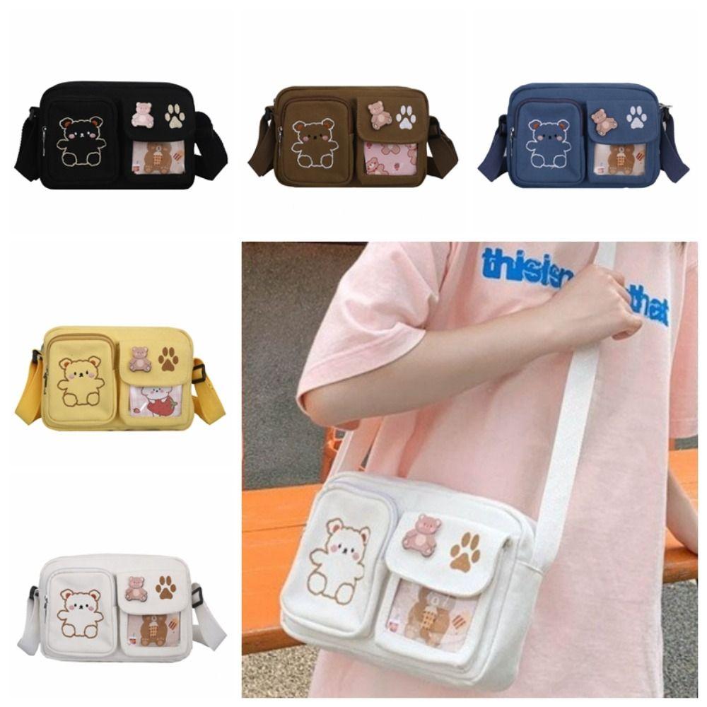 Embroidery Bear Canvas Shoulder Bag Solid Color Shoulder Bag Casual Transparent Itabag Women