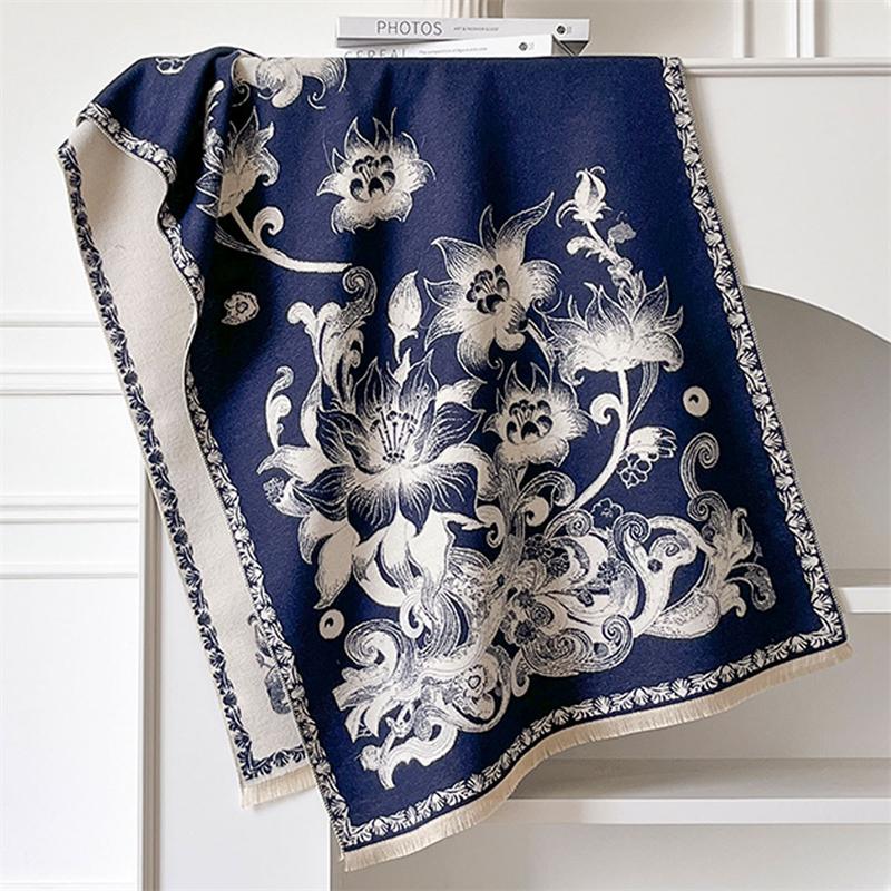 Winter Cashmere Scarf for Women Luxury Warm Shawl Floral Print Windproof Cape Pashmina Handerchief Designer Female Scarf