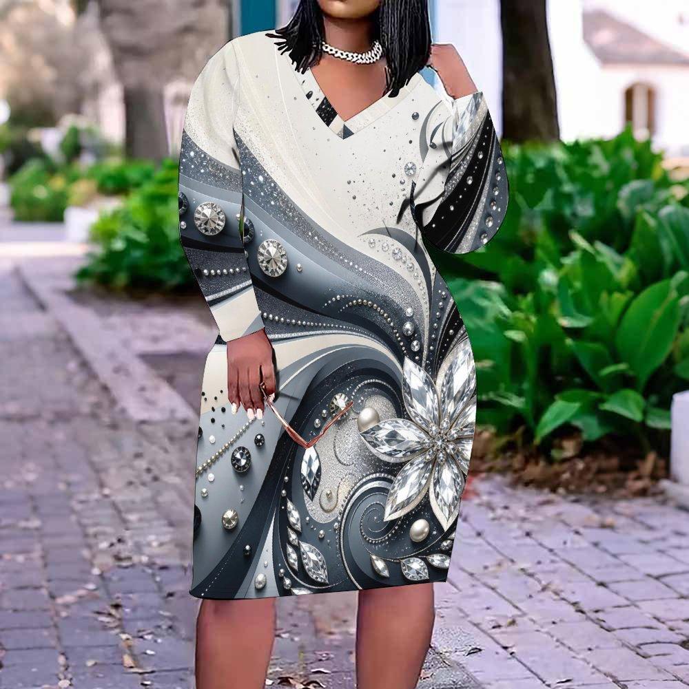 Women Plus Size V Neck Long Sleeve Black White Gray Printed Fitted Straight Hem Dress